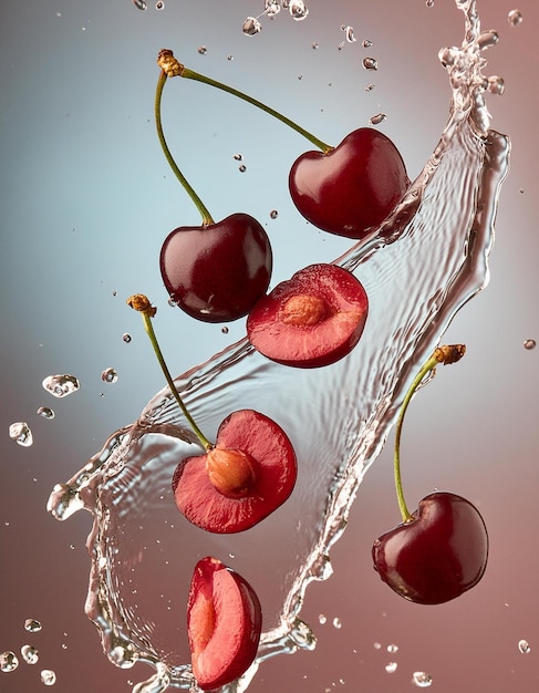 las cerezas están siendo salpicadas con agua y una cadena de cerezas
