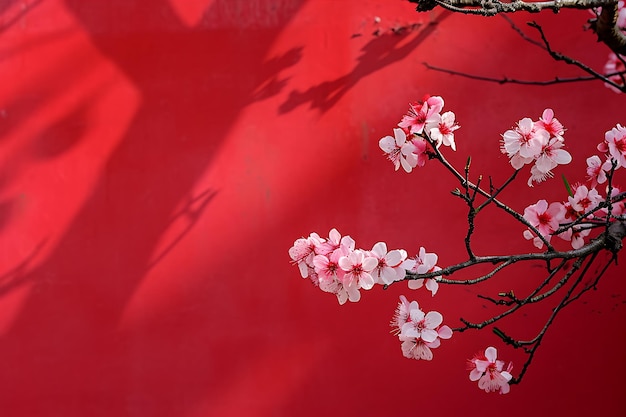 Las cerezas en flor contra una pared roja