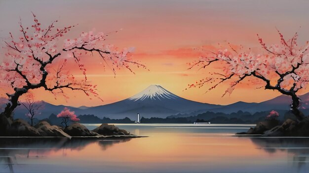 Foto las cerezas en flor y el monte fuji visto desde la ciudad de fujinomiya