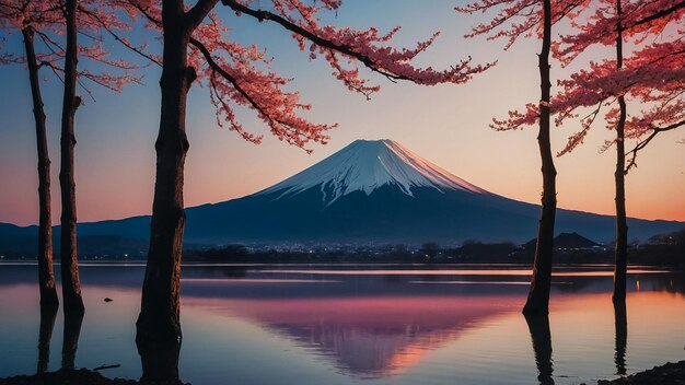 Foto las cerezas en flor y el monte fuji visto desde la ciudad de fujinomiya