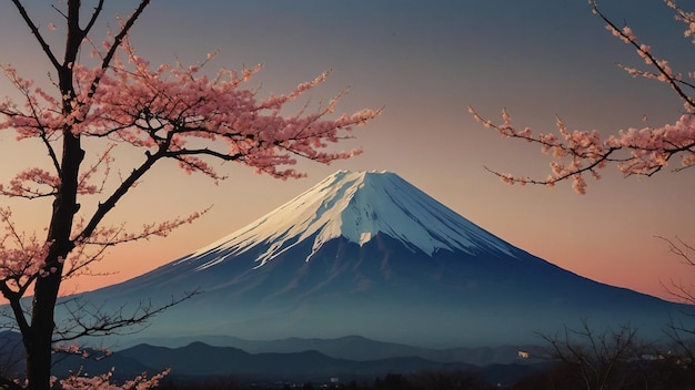 Foto las cerezas en flor y el monte fuji visto desde la ciudad de fujinomiya