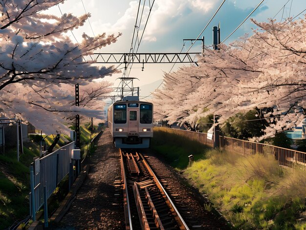 Las cerezas en flor con un tren en el fondo