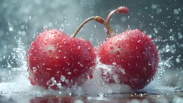 Cerezas frescas en un chorrito de agua que capturan la esencia de la frescura del verano, fruta jugosa y vibrante congelada en el tiempo AI