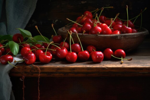 Cerezas frescas en mesa de madera IA generativa