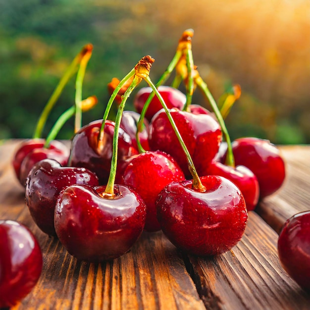 Cerezas frescas en la mesa