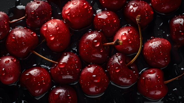 Cerezas frescas con salpicaduras de agua y gotas sobre un fondo negro