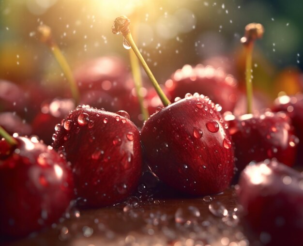 cerezas con gotas de agua en ellos en el sol