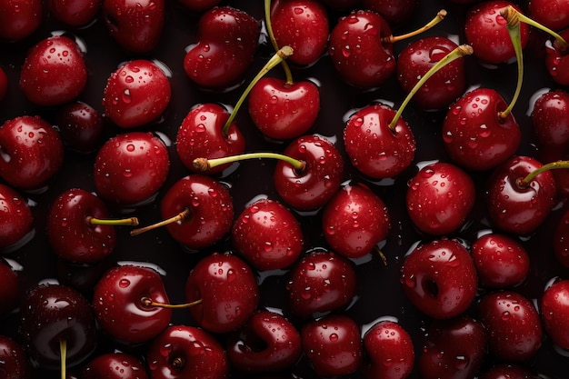 Foto cerezas con gotas de agua en un fondo negro en primer plano