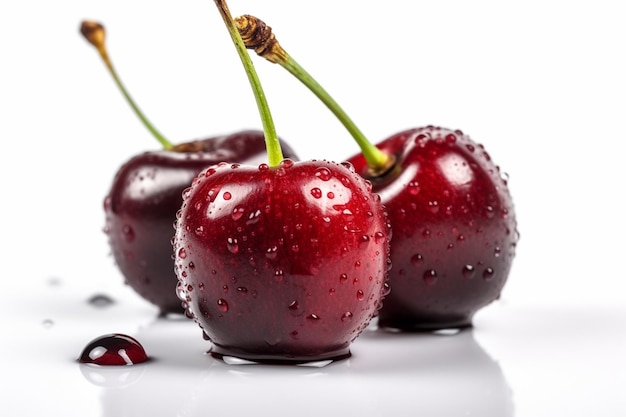 Cerezas con gotas de agua sobre un fondo blanco.