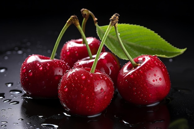 Cerezas con gotas en la mesa negra