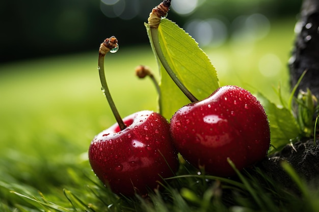 cerezas en la hierba