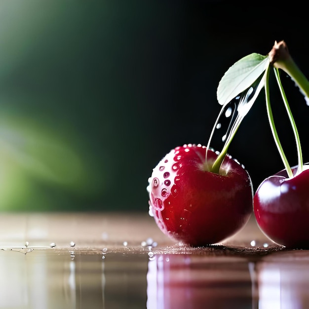 Cerezas con una hoja en el tallo.