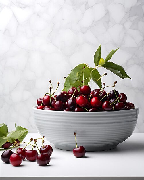 Foto cerezas hojas blancas de reposo del cuenco