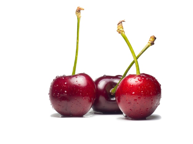 Cerezas jugosas en gotas de agua sobre un fondo blanco Alimento útil Hermosas bayas aislar