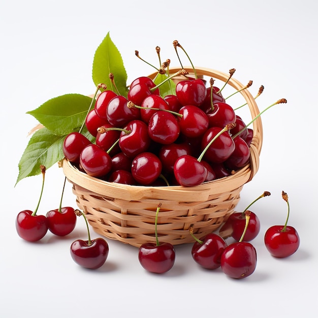 Cerezas maduras en una cesta de mimbre sobre una mesa de madera con un fondo natural difuminado por el sol