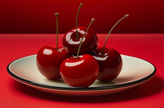 Cerezas maduras generativas AI 4 en un plato blanco sobre un fondo rojo