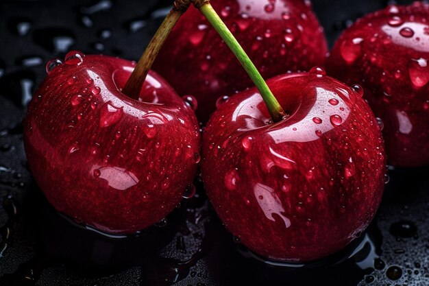 Cerezas maduras con gotas de agua refrescante