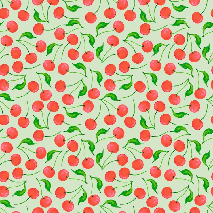 Foto cerezas maduras con hojas verdes con acuarela dibujada a mano con patrón sin costuras aislado sobre fondo verde se puede usar para álbumes de tela textil y otros productos impresos