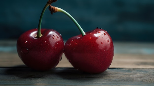 Cerezas en una mesa de madera con gotas de lluvia sobre ellas