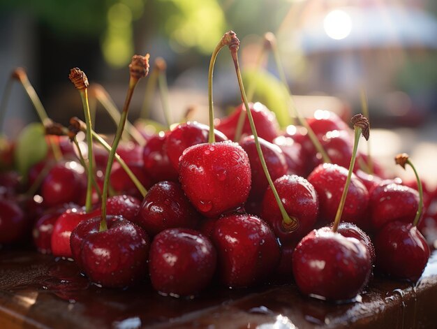 Cerezas en una mesa de madera en el jardín Foco selectivo