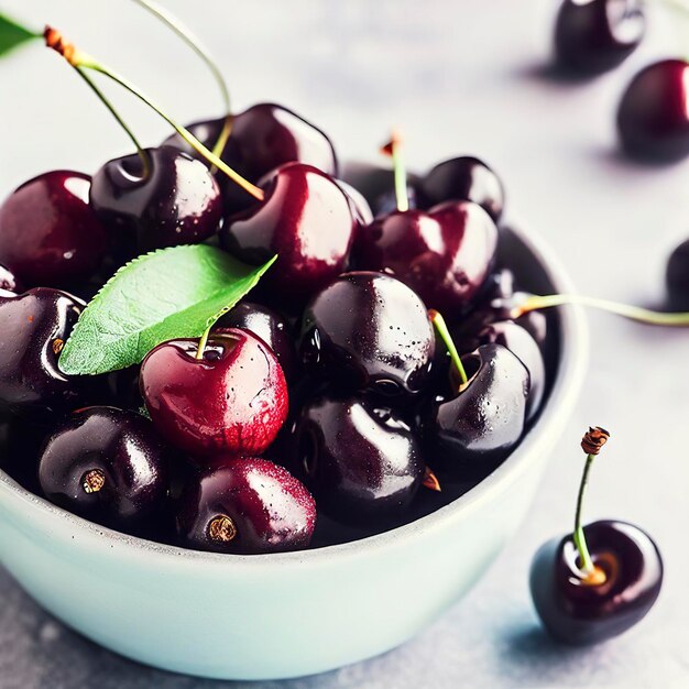 Cerezas negras maduras frescas en un tazón sobre fondo de piedra gris claro concepto de alimentación saludable y comida vegana de verano Primer enfoque selectivo