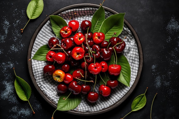 Las cerezas en un plato están planas sobre un fondo gris con una manta de picnic