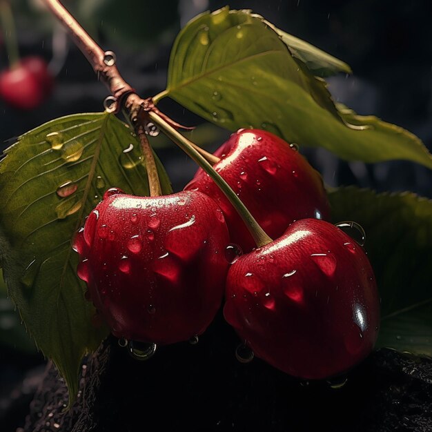 Cerezas en una rama con gotas de agua en un fondo oscuro