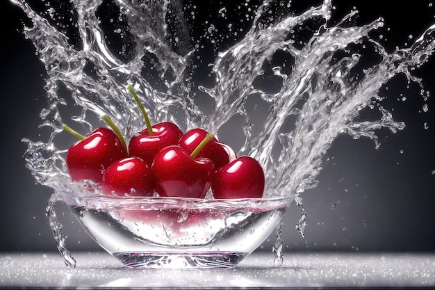 Cerezas en un recipiente con agua salpicando