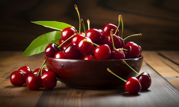 Cerezas en un recipiente sobre un fondo de madera