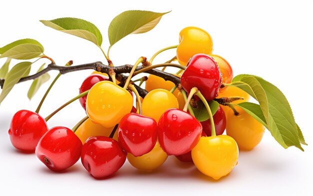 Cerezas rojas y amarillas vibrantes con hojas verdes listas para ser recogidas y disfrutadas