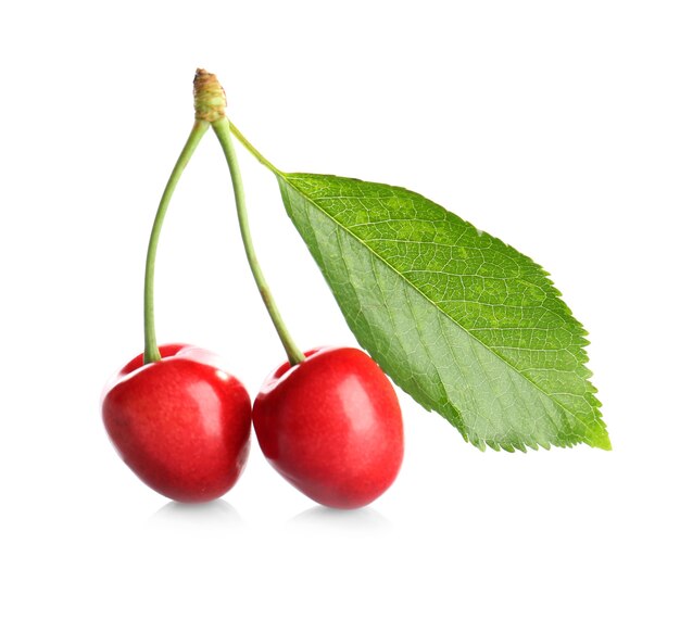 Cerezas rojas con hoja