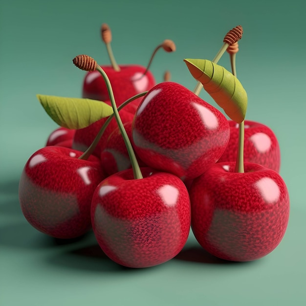 Cerezas rojas con hojas en un fondo verde ilustración 3d