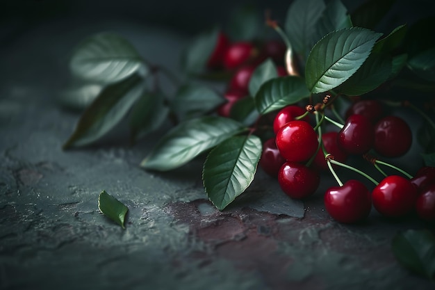 Cerezas rojas con hojas