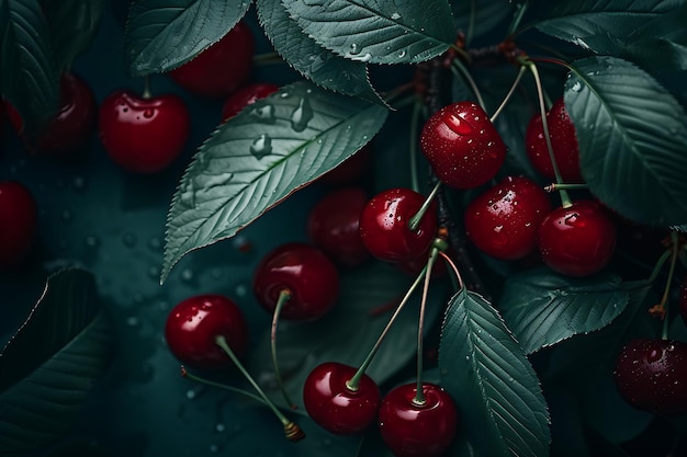 Cerezas rojas con hojas