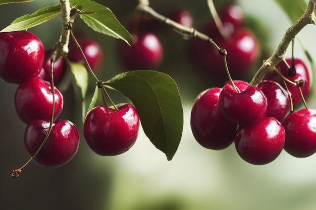 Cerezas rojas maduras colgando de un árbol en el jardín generativo ai