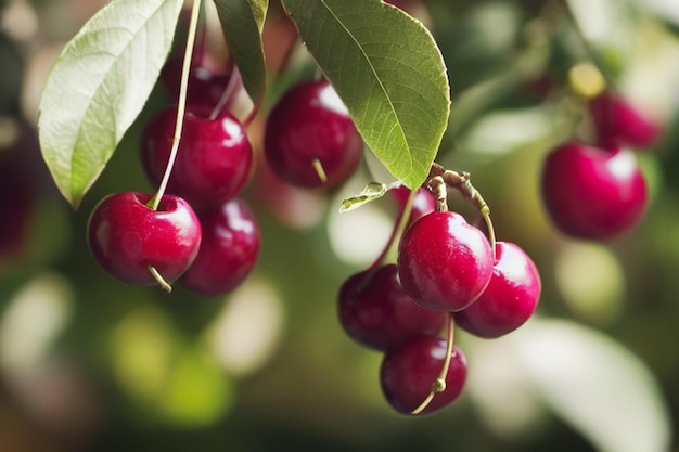 Cerezas rojas maduras colgando de un árbol en el jardín generativo ai