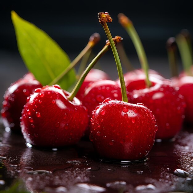 Cerezas rojas maduras con gotas de agua en un fondo de madera oscura