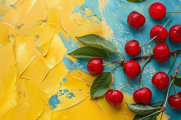 Cerezas rojas maduras en una superficie amarilla y azul vibrante y espacio en blanco para el texto Cerezo en el fondo