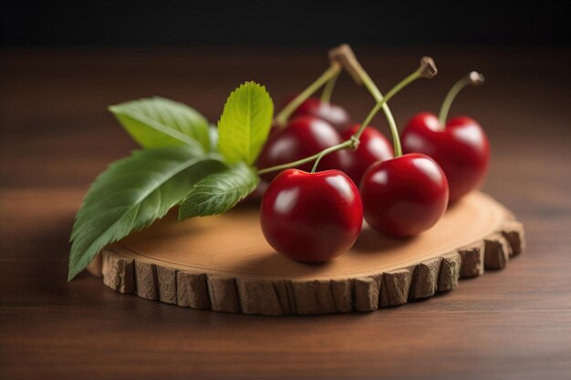 Cerezas rojas sobre un fondo de madera Cerca enfoque selectivo ai generativo