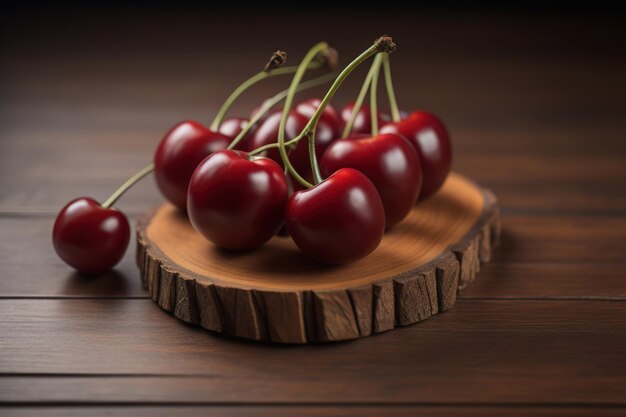 Cerezas rojas sobre un fondo de madera de cerca enfoque selectivo ai generativo