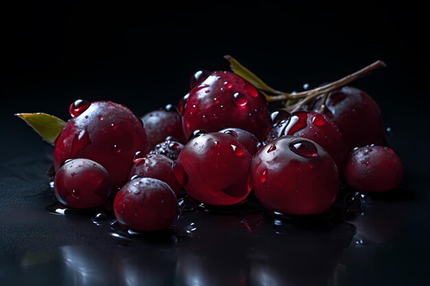 Cerezas rojas sobre un fondo negro con gotas de lluvia