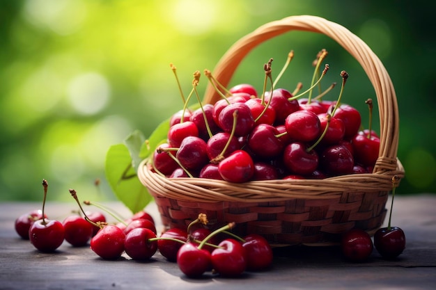 Cerezas rojas vibrantes recién recogidas y expuestas en una cesta de madera rústica