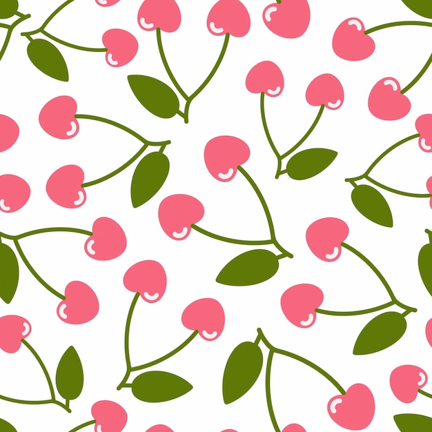 Cerezas rosadas frescas con hojas verdes aisladas sobre un fondo blanco patrón sin costuras de verano