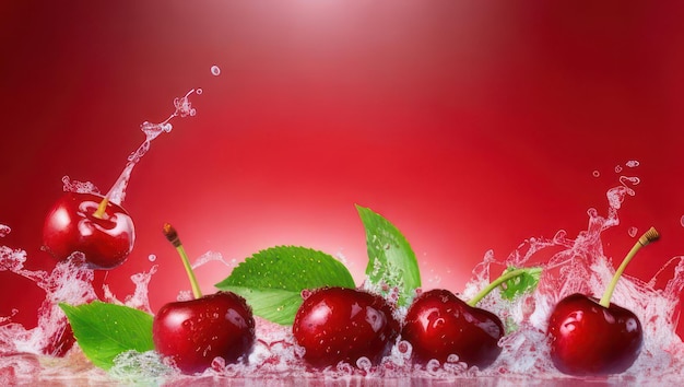 Cerezas en salpicaduras de agua sobre un fondo rojo ai generativo