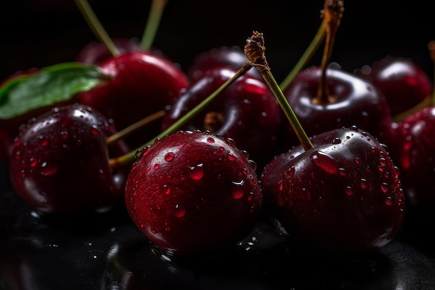 Cerezas sobre un fondo negro con gotas de agua