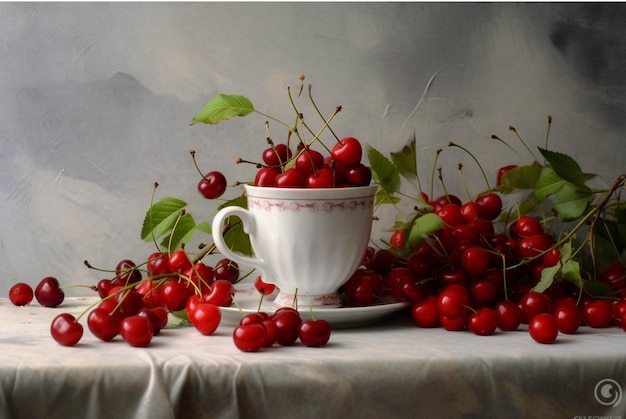 Cerezas en una taza blanca sobre una mesa sobre un fondo gris