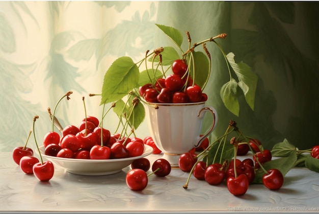 Foto cerezas en una taza blanca sobre una mesa sobre un fondo gris