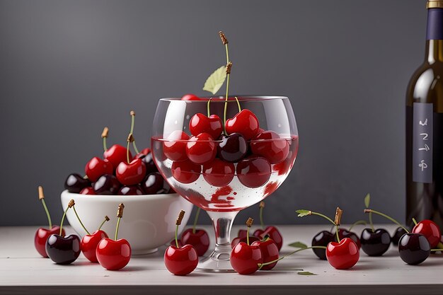 cerezas en un vaso de vino vista lateral en blanco y gris