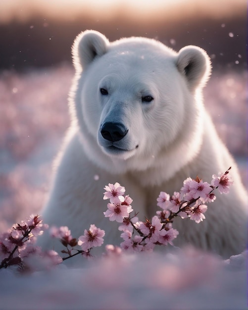 Un cerezo en flor en medio de una tundra ártica derramando pétalos sobre un oso polar