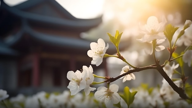 Un cerezo en flor con un templo al fondo